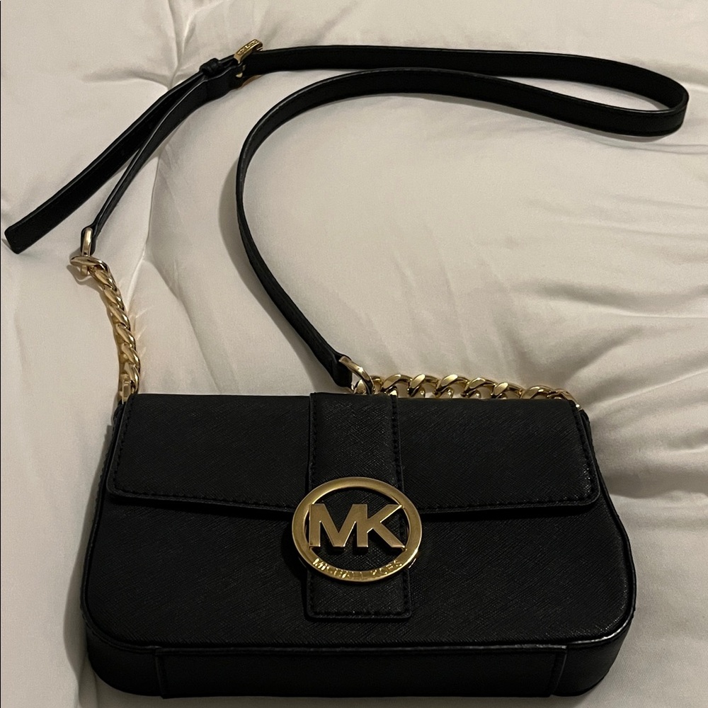 Michael Kors Black Crossbody Bag with Gold MK Emblem